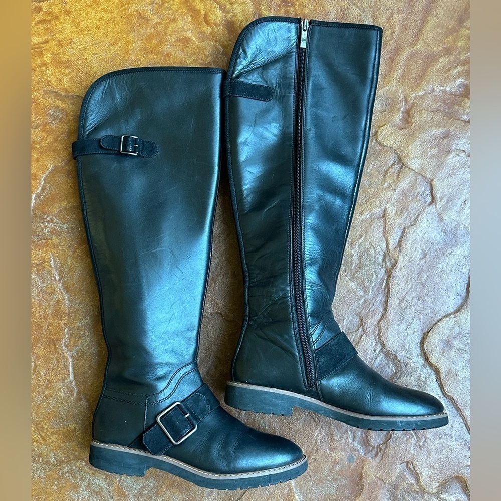 Franco Sarto Black Leather Knee-High Riding Boots with Buckle Sz 5